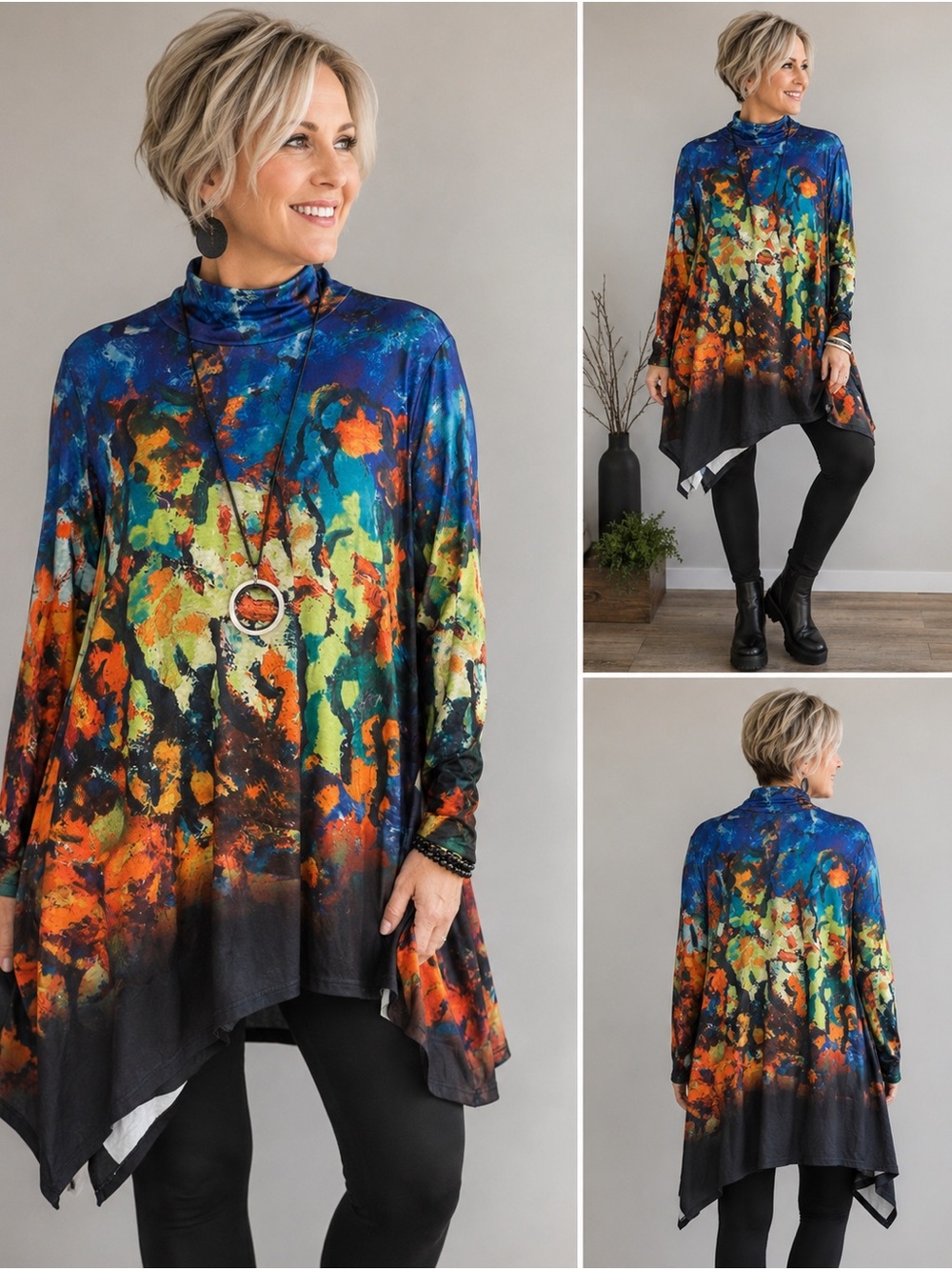 NWT Abstract Art Print Asymmetrical Tunic Top | Mock Neck Wearable Art Blouse